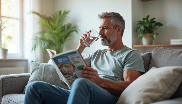 Hombre tomando baso de agua para prevenir enfermedades de prostata.